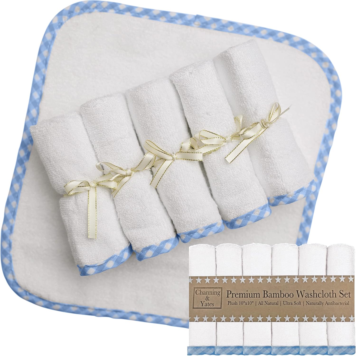 Channing & Yates - Premium Baby Washcloths - (6-Pack) Organic Baby Wash Cloths - Thick, Soft, Plush - Great for Eczema - Face Washcloths (Blue on White)
