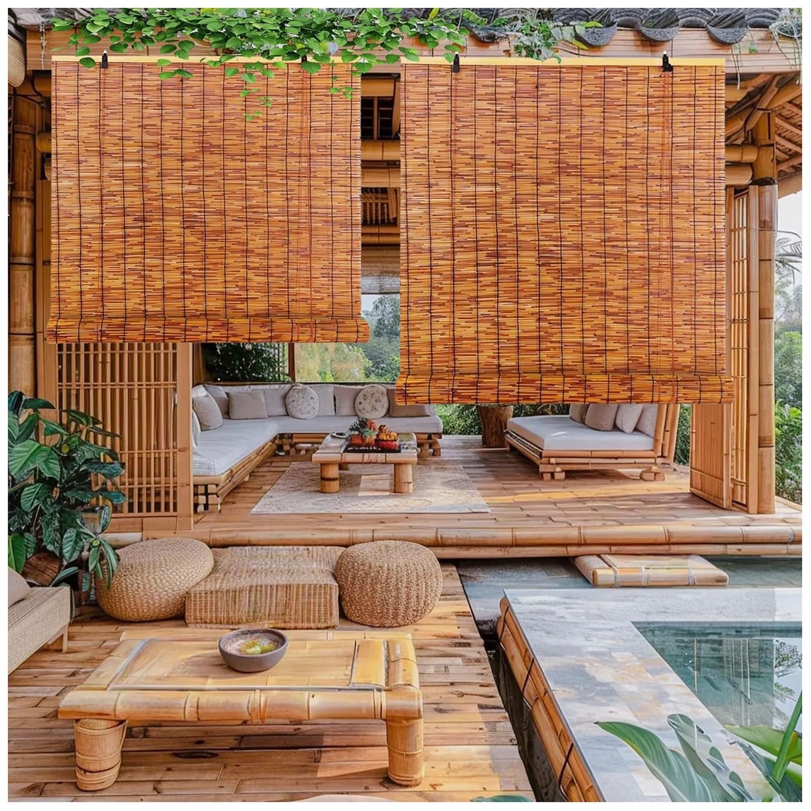 CMJYMX Outdoor Reed Roller Blinds, Light Filtering Bamboo Roll Up Shades For Window Patio Gazebo Restaurant 39" 43" 47" 51" 55" 59" Blackout Sunshade Privacy Screen(110x180CM/43x71IN(WxH))