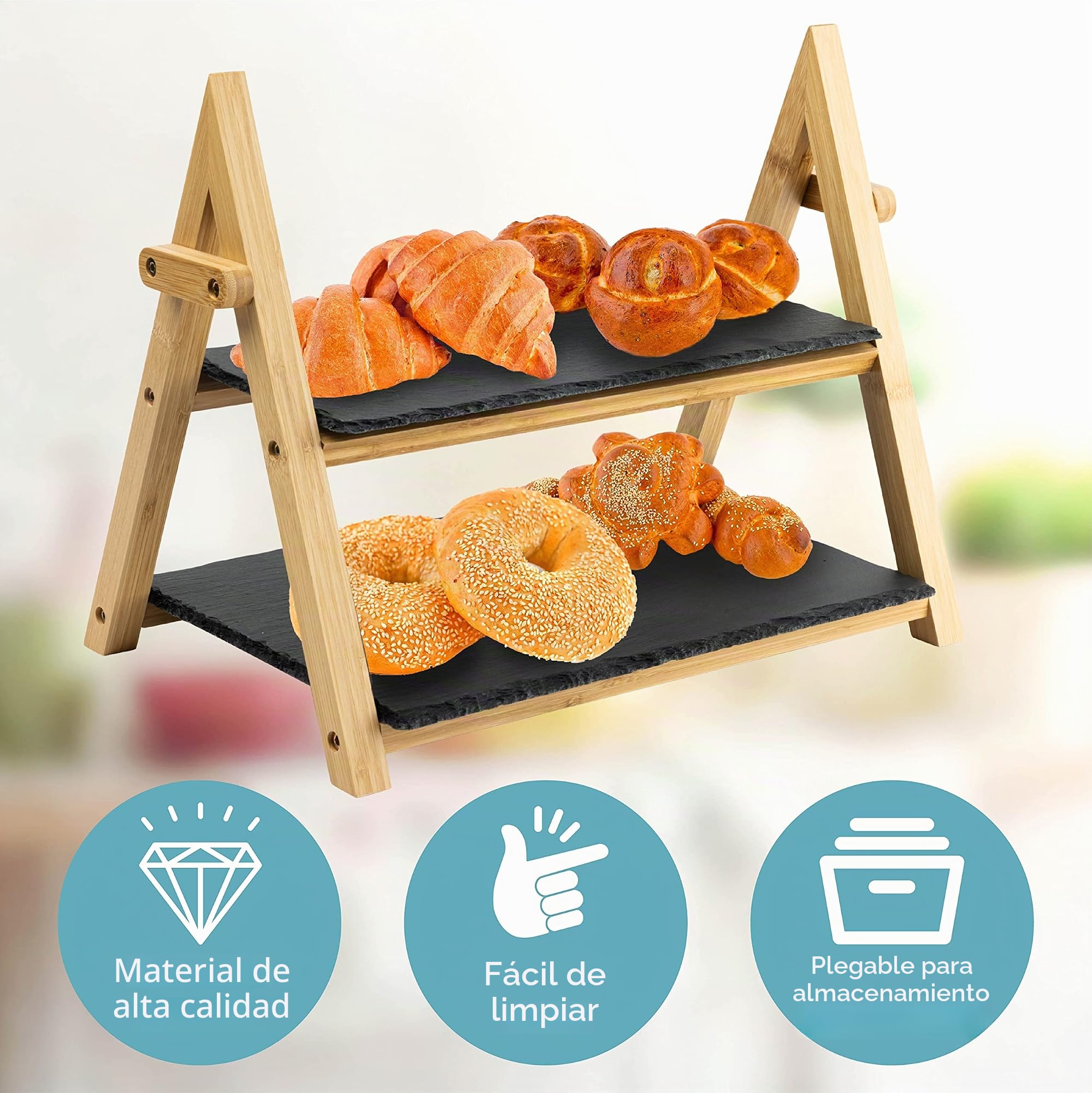 HEFTMAN Soporte Bandeja Pasteles Pizarra de 2 Niveles - Bandeja Pisos Rústica Plegable - Negra/Madera Tablas para Picoteo para Sushi, Postre, Pasteles, Queso, Tapas, Carnes, Antipasti (32 cm x 41 cm)