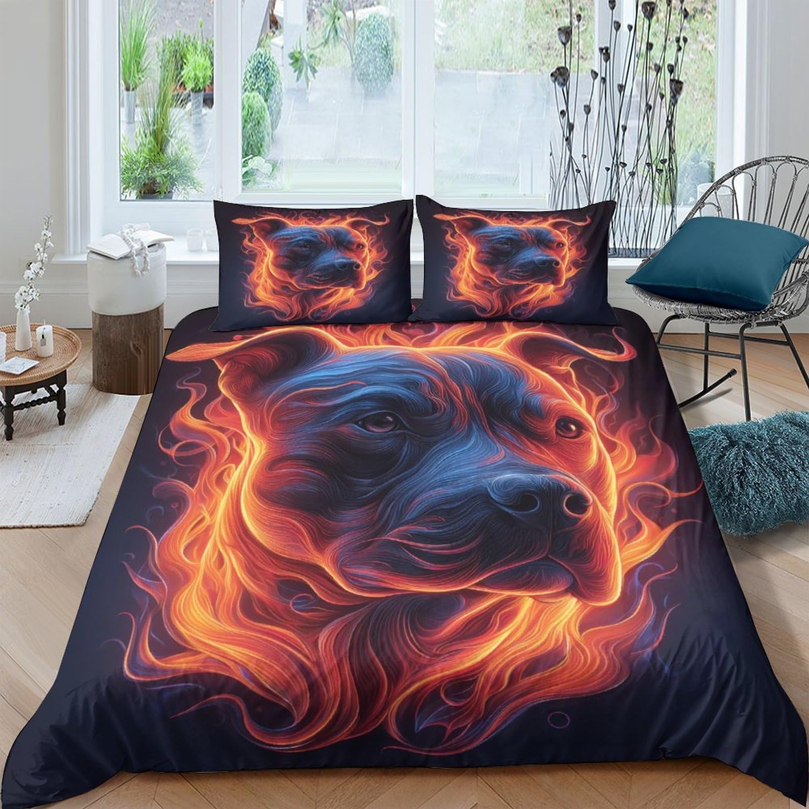 Parure de lit Flame-Dog-Head 260x220 en microfibre avec taies d'oreiller pour chambre ado