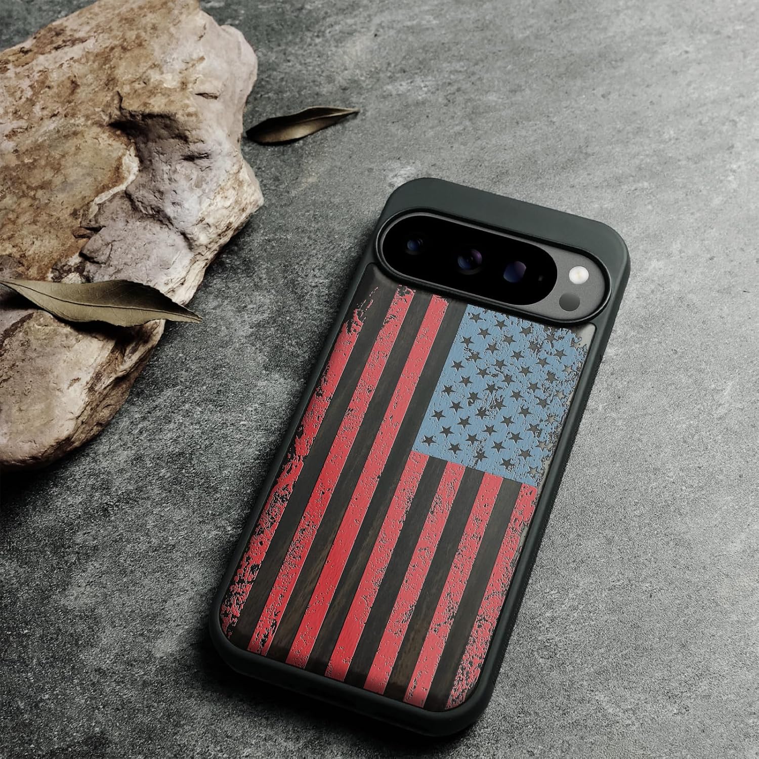 Magnetic for Google Pixel 10 / Pixel 10 Pro Case Compatible with MagSafe Wireless Charging, Natural Wood Cover & Shockproof TPU Phone Case, Hand-Drawn Pattern - American Spirit