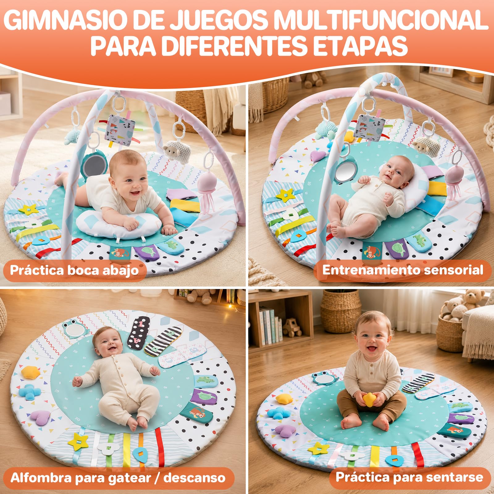 FUNYKICH Gimnasio para Bebé 0-18 meses con Alfombra Antideslizante | 95x95x52cm, 5 Juguetes Colgantes+Espejo+Almohada, Lavable a Máquina, Regalo para Recién Nacido, para Desarrollo Cerebral