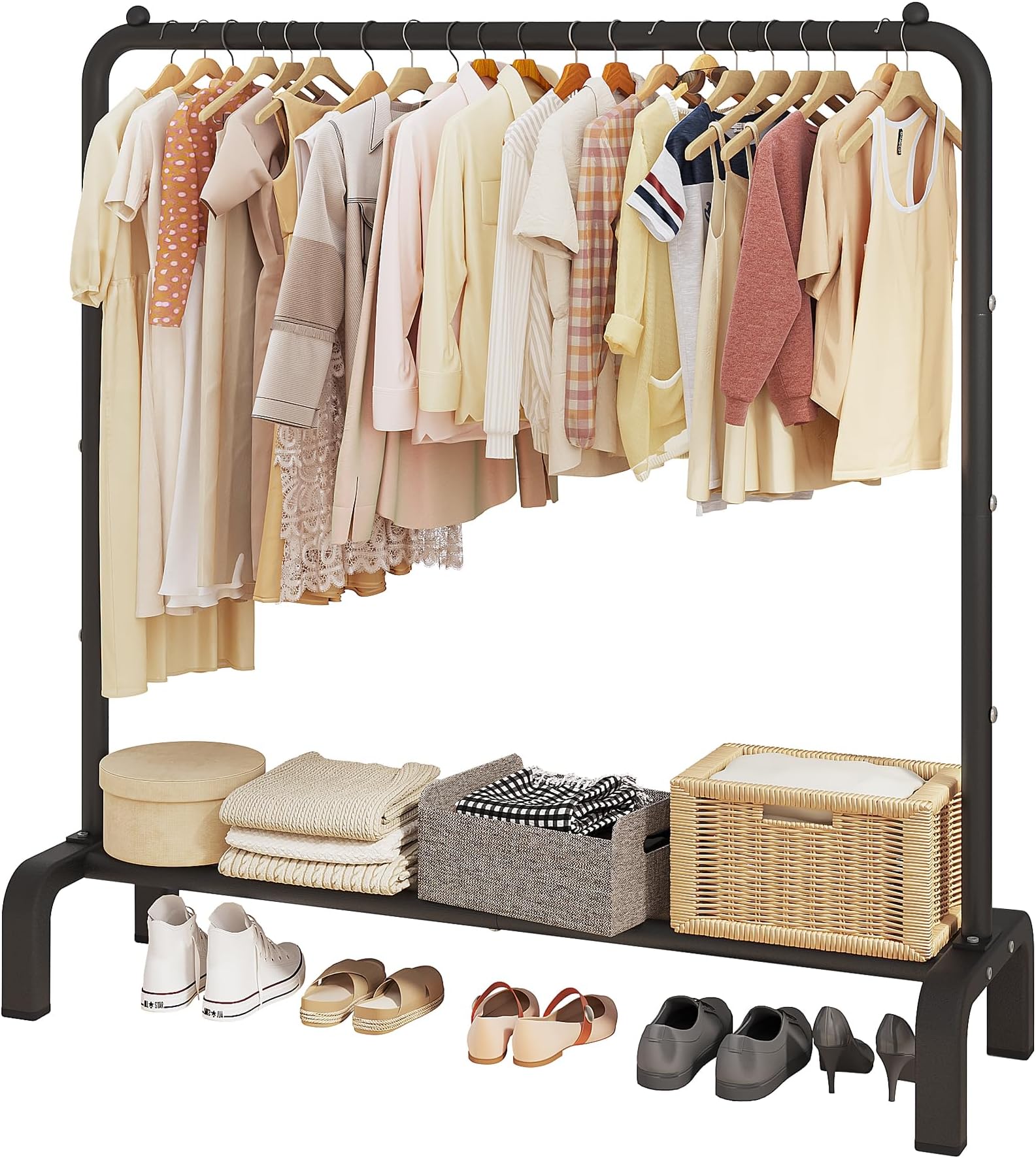JIUYOTREE Metal Clothing Rack, 43.3 Inches Garment Rack with Bottom Shelf for Hanging Clothes, Coats, Skirts, Shirts, Sweaters, Black
