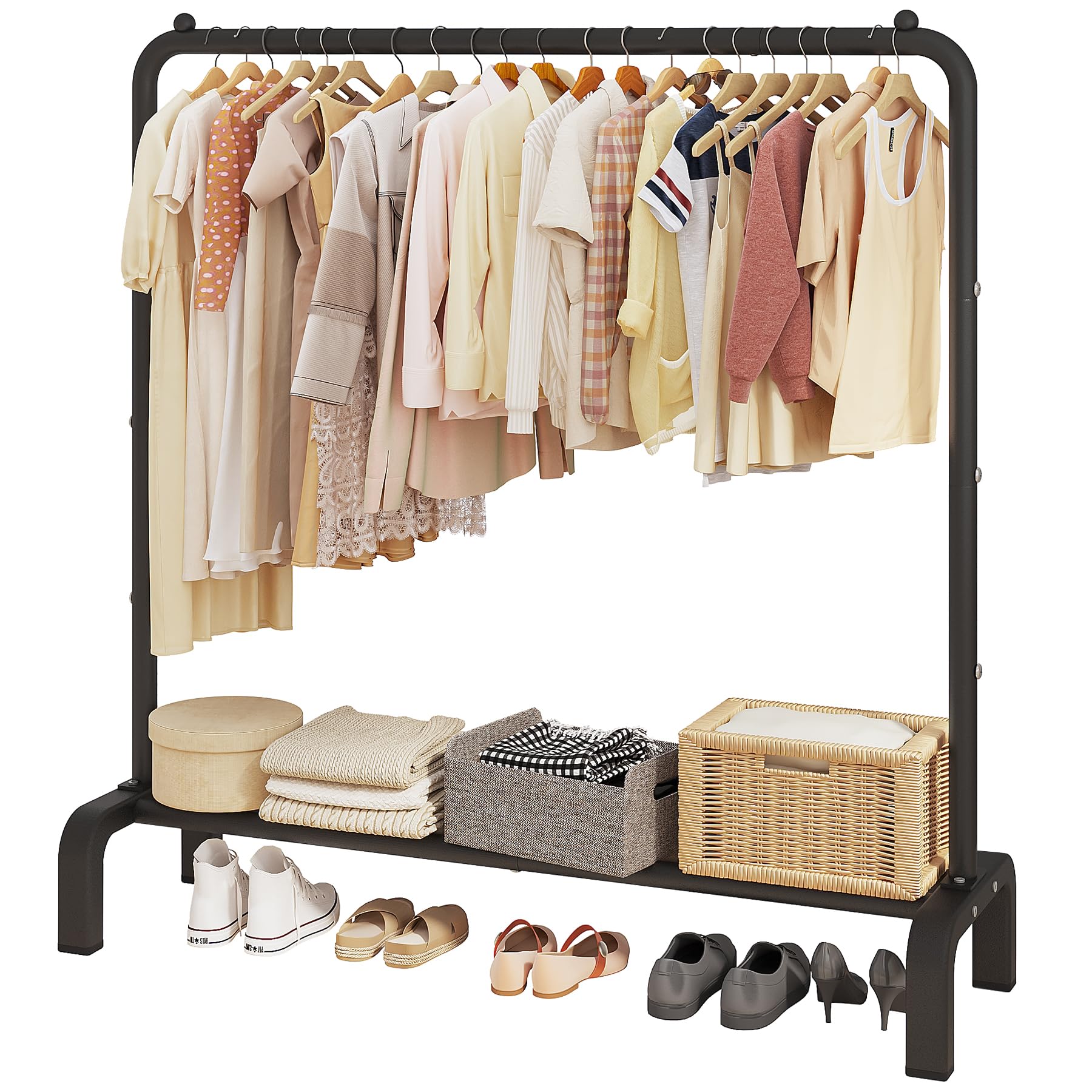 JIUYOTREE Clothes Rail with Bottom Storage for Clothing Organizsers, Black