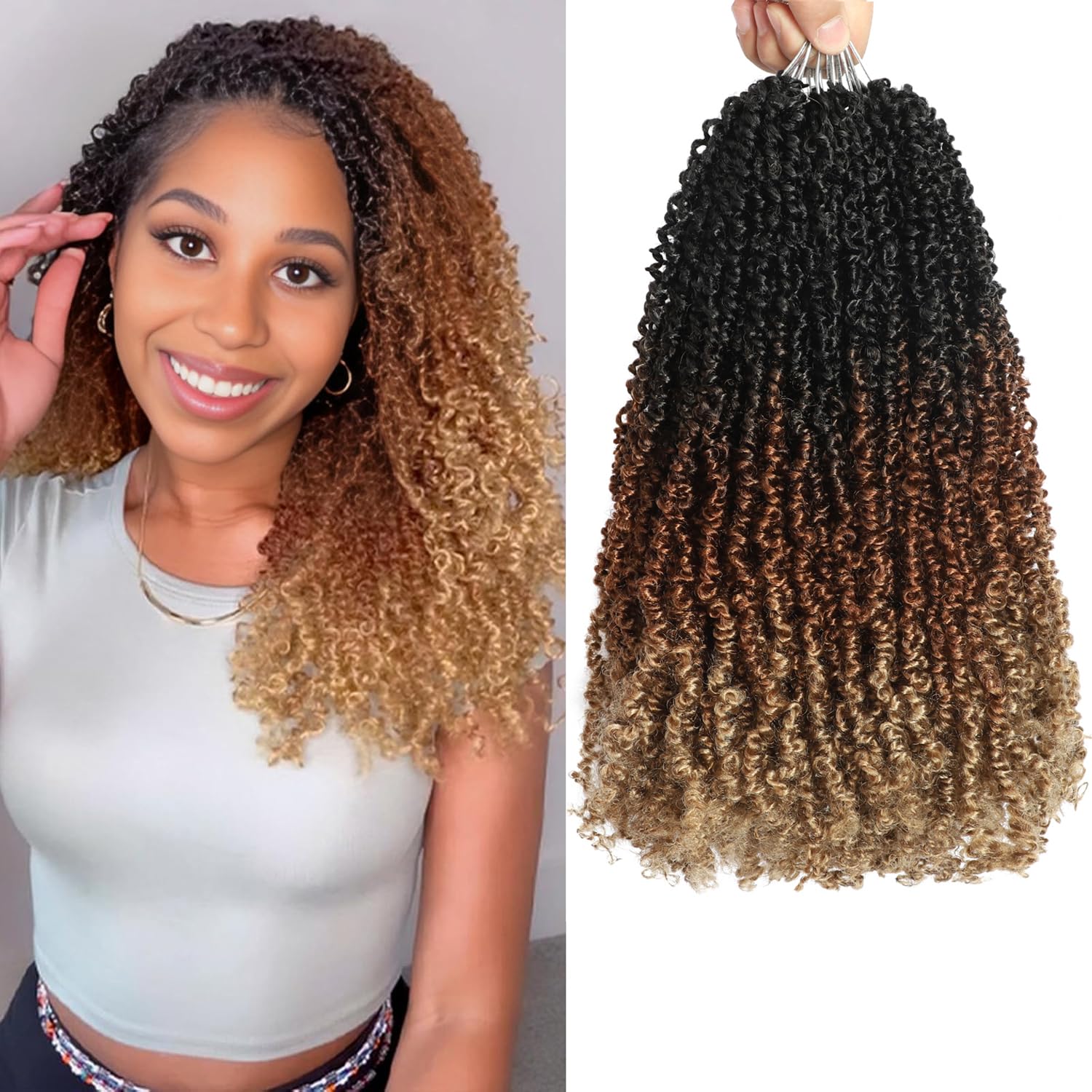 10 Packs Yanky Twist Crochet Hair 16 Inch Pre-twisted Natural Black Kinky Mini Spring Small Curly Senegalese Twist Braids Yankee (OT30/27(3 Tones Ombre Brown)