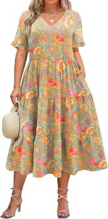 Womens Plus Size Short Sleeve Dress Summer Midi Casual Tiered V-Neck Aline Flowy Loose Dresses with Pockets