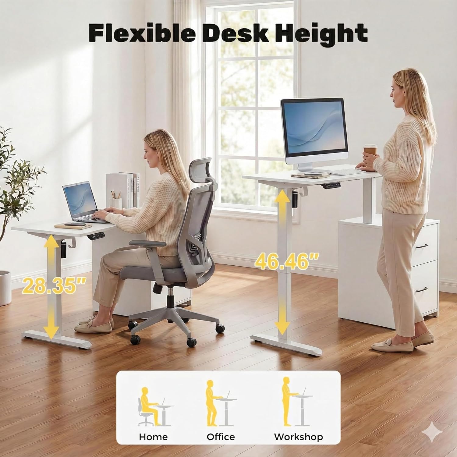 NORTHSKY Small Electric Standing Desk with Drawers, 32 x 18 Inches Sit Stand Desk with Storage, Height Adjustable Small Computer Desk, 3 Memory Preset, 1 Hook, Cable Management, White