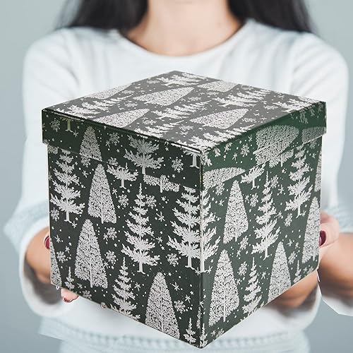 Miniatura 5 de UNIQOOO Juego de 5 cajas de regalo de Navidad verdes con tapa, tamaño surtido, cajas cuadradas de papel anidadas para árbol de Navidad, cajas de
