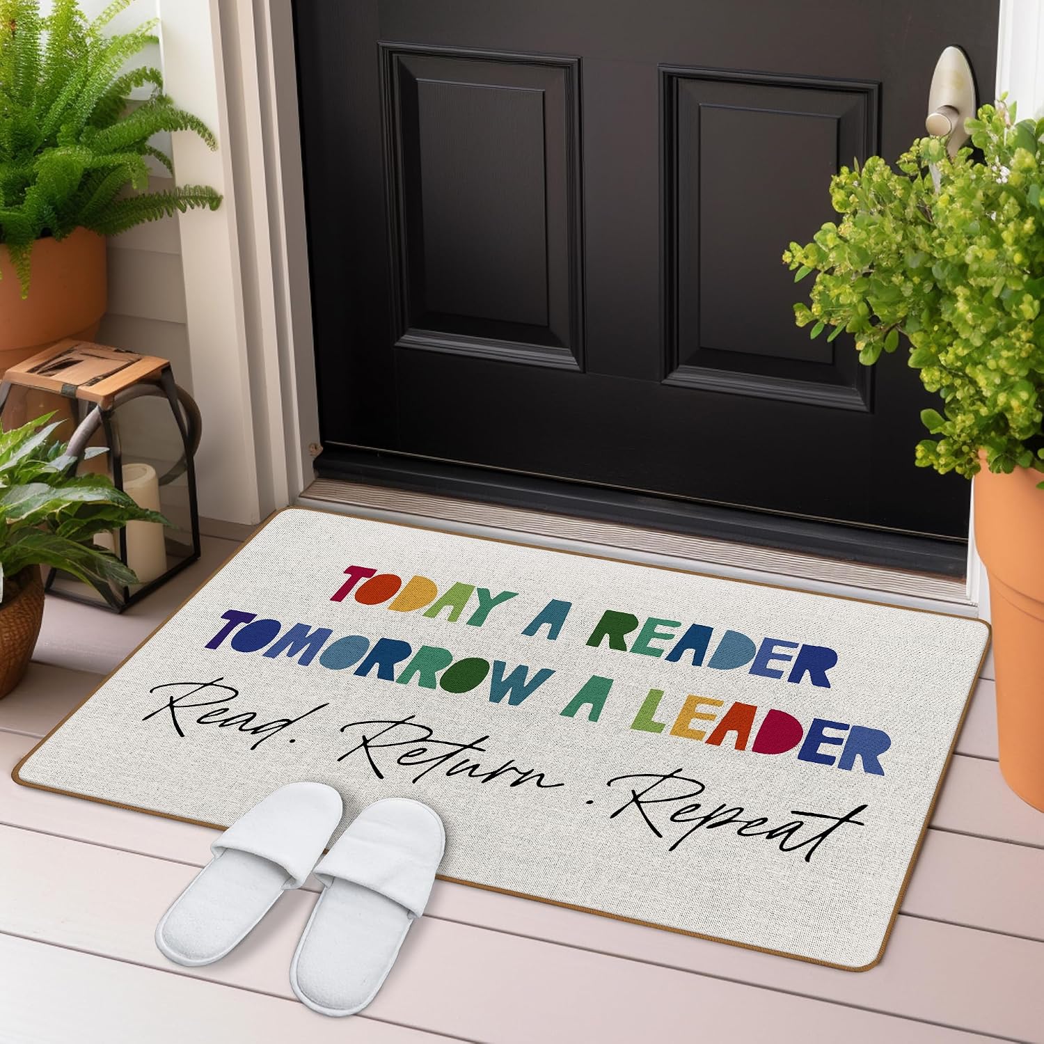 Inspirational Reading Room Door Mat, Boho Library Welcome Mat, Today a Reader Tomorrow a Leader Front Door Mats Indoor Outside Entrance, Boho Classroom Decor Doormats 17x29 Inch