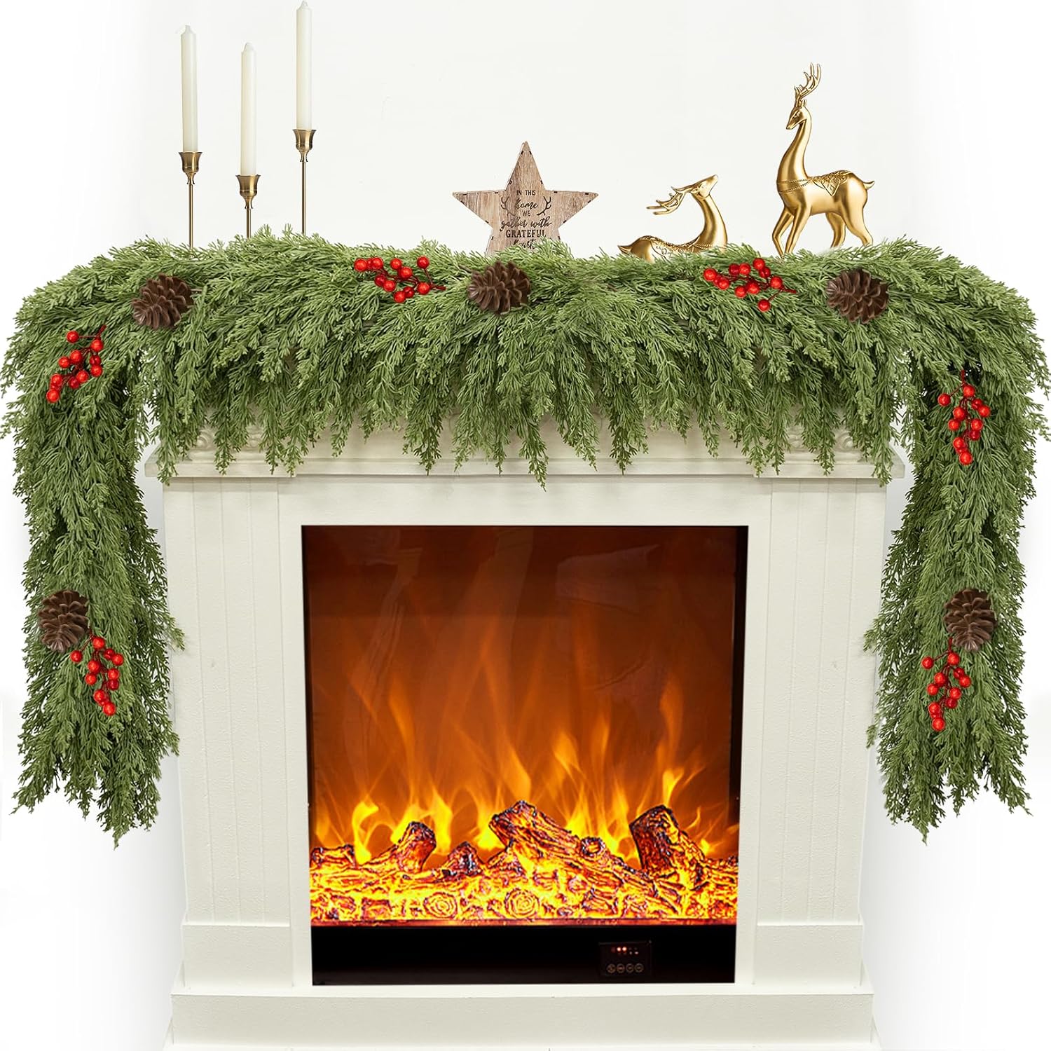 6FT Artificial Cedar Christmas Garland for Mantle Christmas Decorations Real Touch Realistic Greenery Faux Pine Garlands for Xmas Home Decoration Fake Winter Indoor Outdoor Garland Door Decor Red Fruit With Pine Cone 6FT