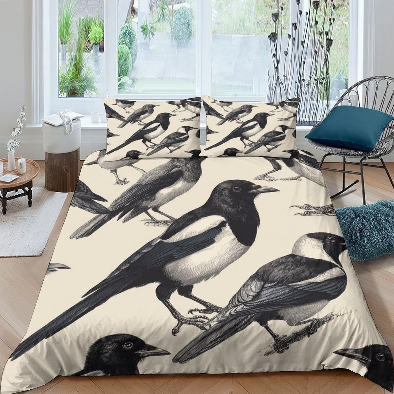GPLZQXKJNH 3D Printed Magpie Illustration Duvet Cover Set Microfiber Soft Breathable Bird Pattern Bedding with 2 Pillowcases for Bedroom Decor Single（135x200cm）