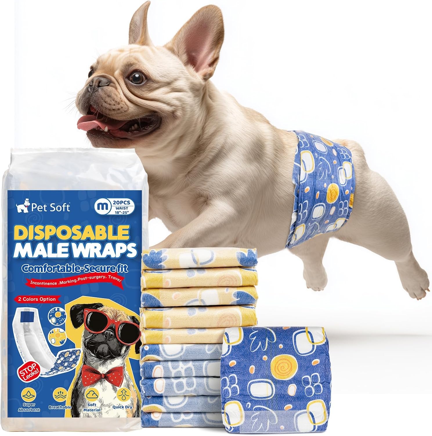 Pet Soft Dog Diapers Male,50 Ct Disposable Male Dog Wraps, Super Absorbent Doggie Belly Band with Wetness Indicator, Leak-Proof Puppy Pampers for Puppy Training, Incontinence, Medium
