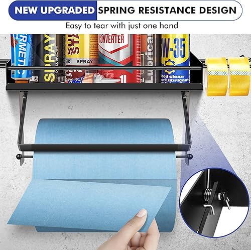 Miniatura 3 de Soporte para toallas de papel de garaje con estante, soporte de pared de metal de alta calidad con 6 ganchos, desgarro con una mano, organización y