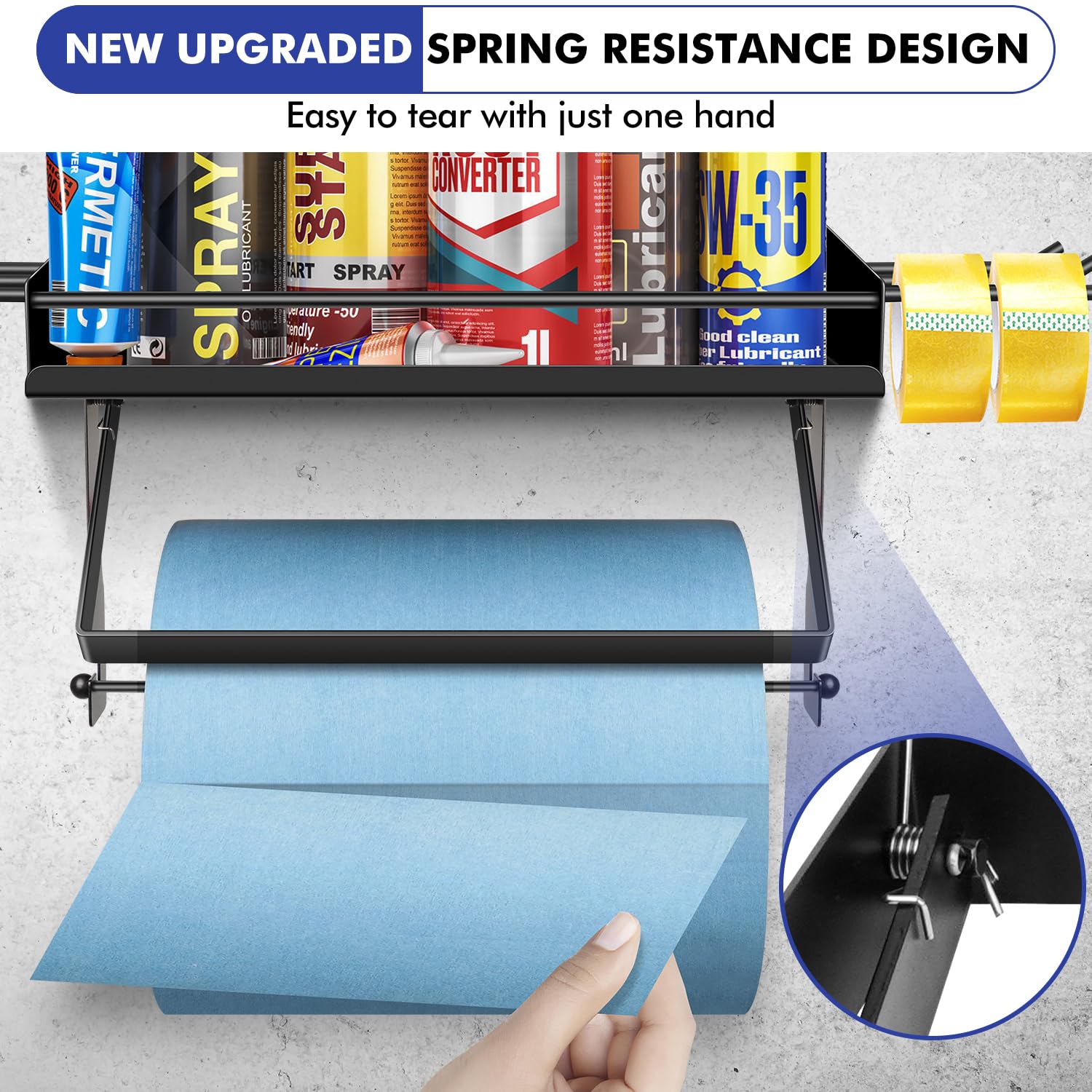 Soporte para Toallas de Papel de Garaje Mejorado con Estante, Soporte de Pared de Metal 6 Ganchos, desgarro con una Sola Mano, organización y Almacenamiento de Garaje, Resistente