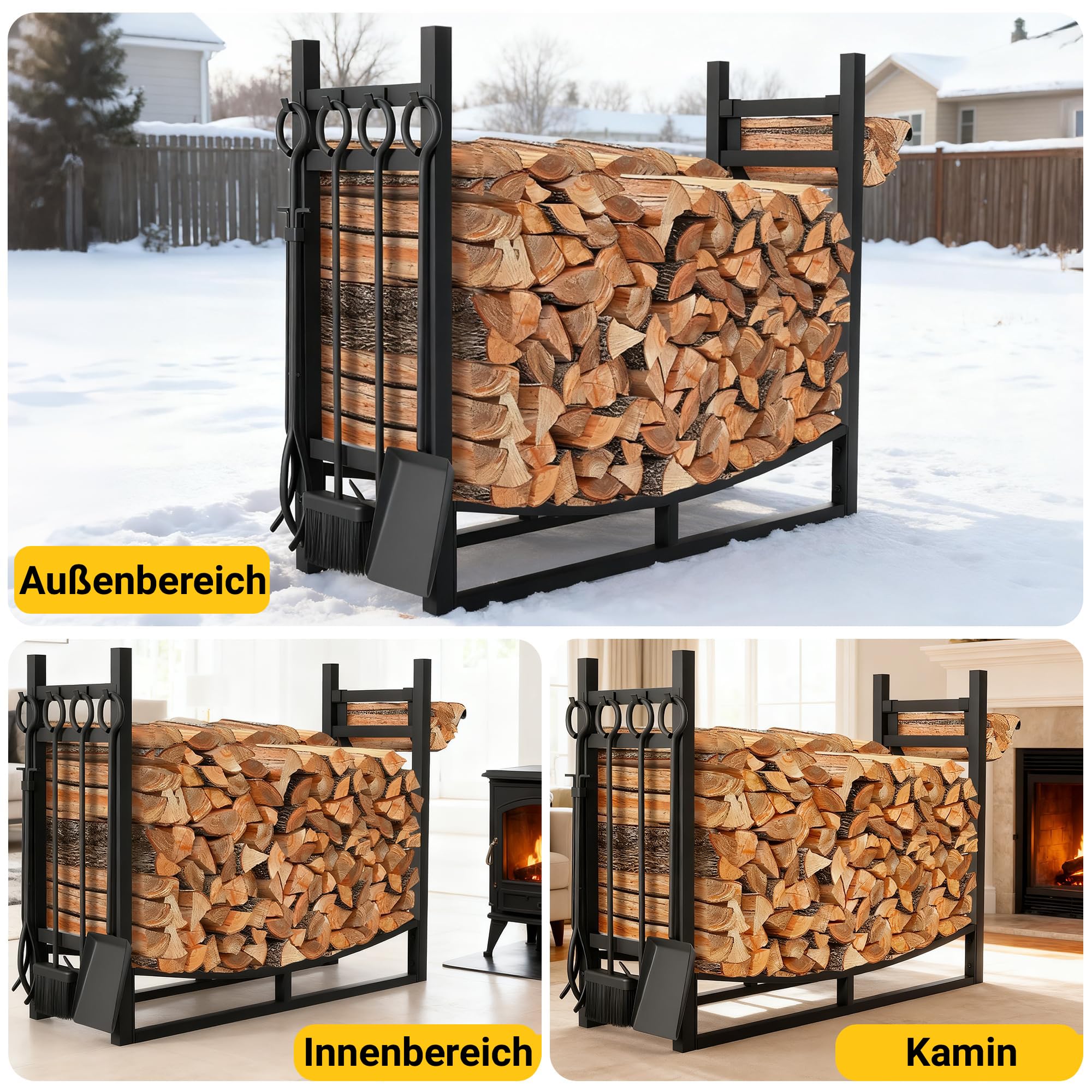 Amagabeli XXL Kaminholzregal mit 4 Kaminwerkzeug 90cmx78cmx33cm Großes breites Brennholzregal Kaminwerkzeugregal für Innen Außen Anzündholzhalter Holzlager Ständer Werkzeuge Herdzubehör Schwarz