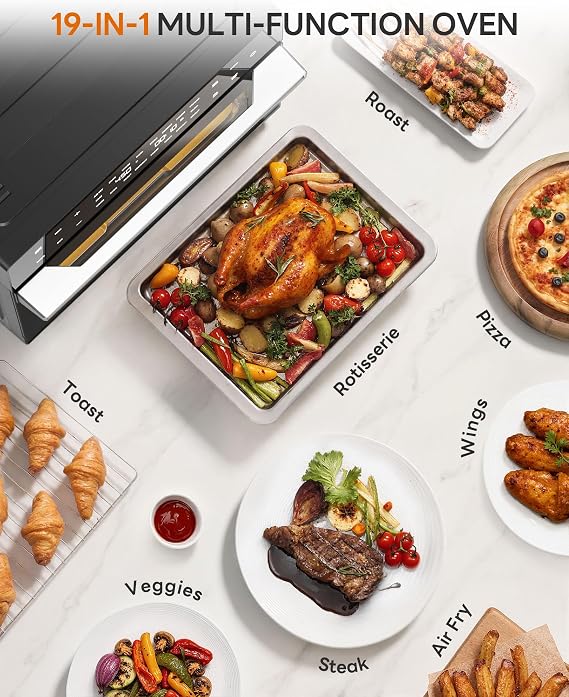 Beelicious 32QT Extra Large Air Fryer, 19-In-1 Air Fryer Toaster Oven Combo with Rotisserie and Dehydrator, Digital Convection Oven Countertop Airfryer Fit 13 Pizza, 6 Accessories, 1800w, Black