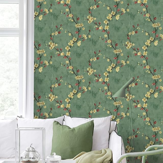 JOLIHOME Green Wallpaper Grass Flower Self Adhesive Wall Sticker Peel and Stick Contact Paper Sticky Back Plastic Roll for Kitchen Bedroom Wall 44.5x500cm