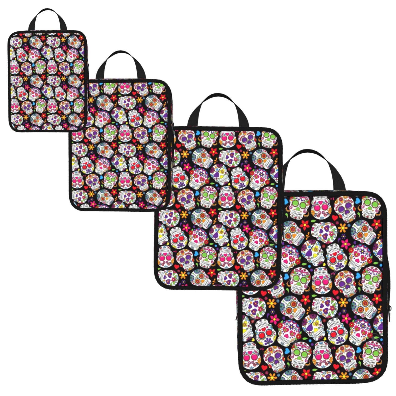skulls Print 4 Set Compression Packing Cubes for Suitcases,Expandable Storage Bags Organizers