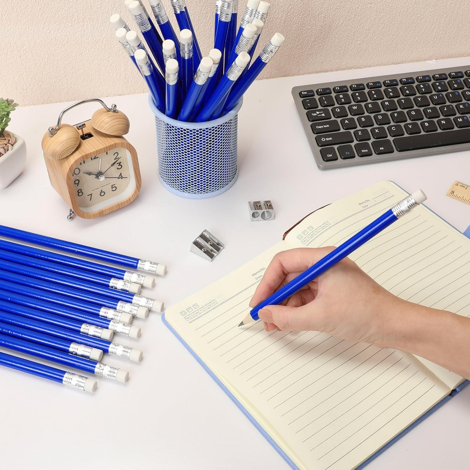 Fainne 48 Pcs Fat Pencils Jumbo Big Thick Large Pencils and 3 Pieces Sharpeners for Kids Beginners Preschoolers Kindergarten School Office Supplies (Blue+silver,Round)