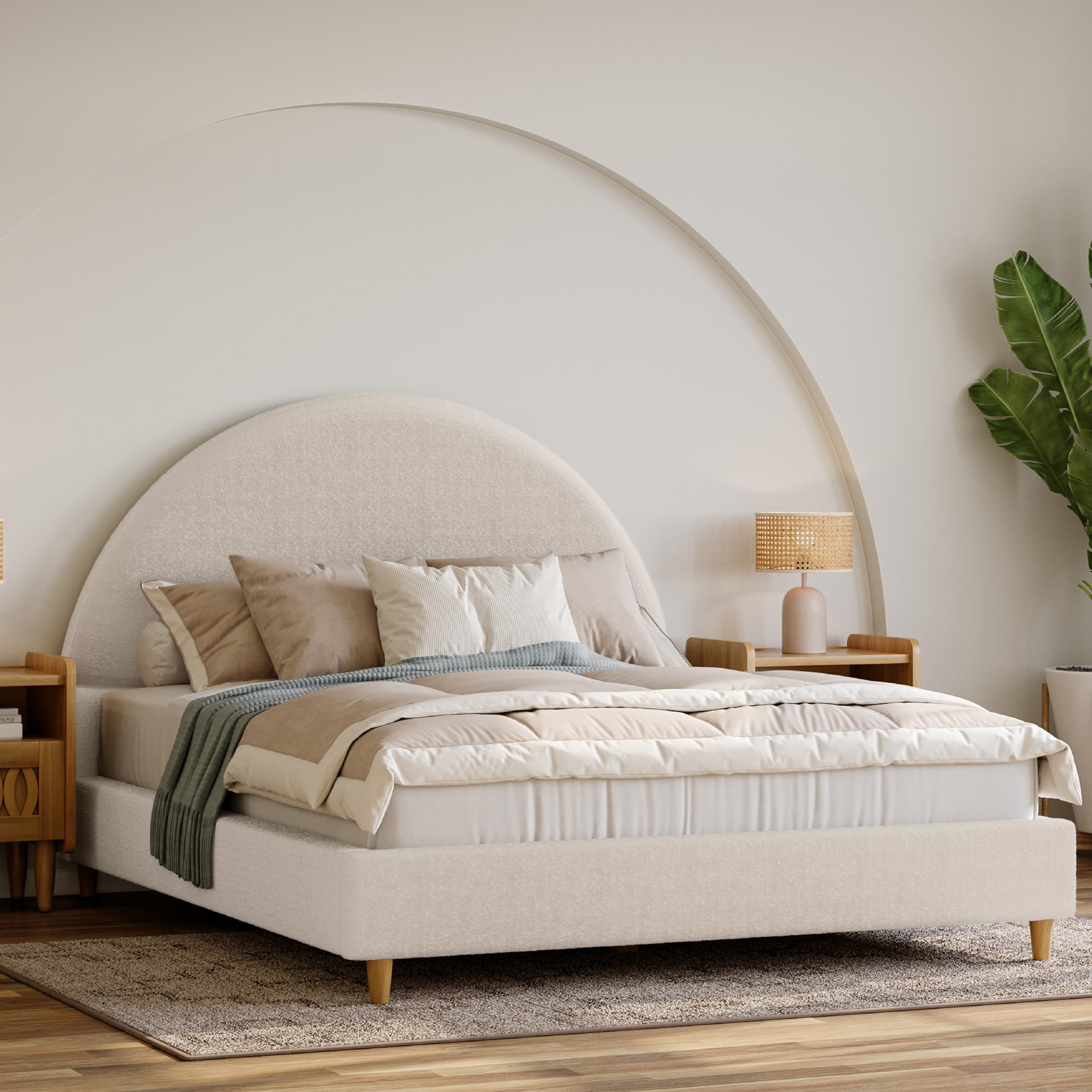 DG Casa Boucle Cloud Bed Frame with Arch Shaped Headboard, Upholstered in Soft Fabric, Platform Bed Frame with Solid Wood Legs - Boho or Modern Style - No Box Spring Needed - Queen Size: Cream Boucle Queen