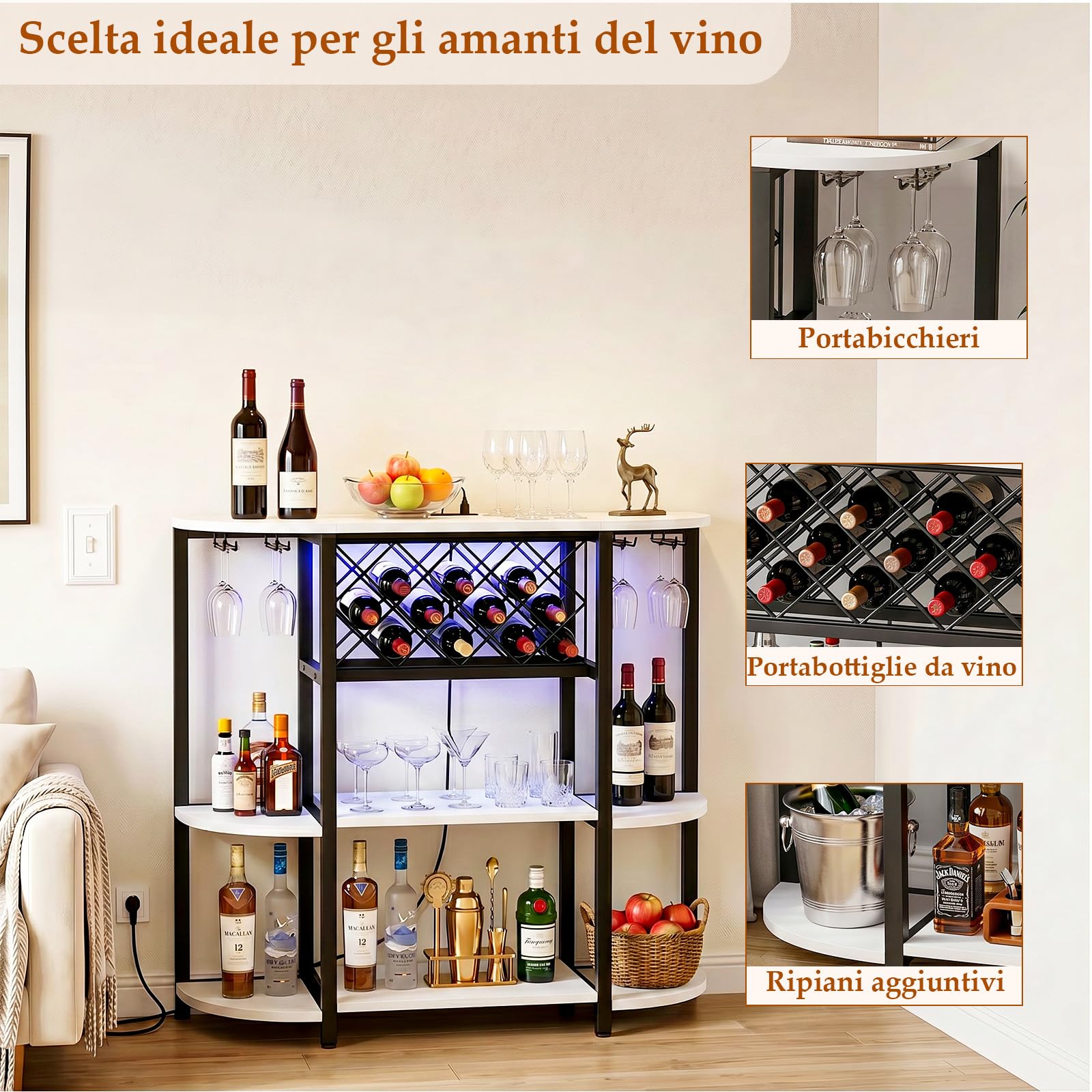 Homieasy Mobile Bar con LED, Prese e Portabottiglie | In Legno e Metallo, 120x40x91cm, Per Soggiorno e Cucina