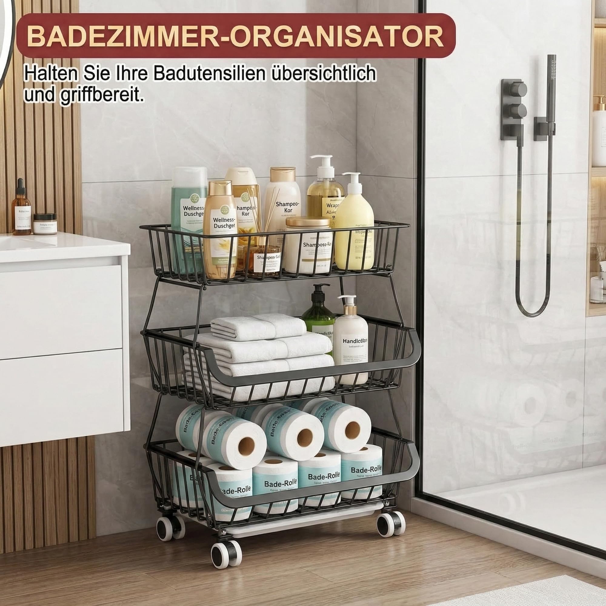 Obstkorb 3 Ebenen, rollbarer Gemüsekorb aus Metall, Früchtekorb Küchenwagen mit Rollen, Aufbewahrungskorb Organizer für Obst, Gemüse, Zwiebeln, Kartoffeln, Snacks, Küche, Vorratskammer, schwarz