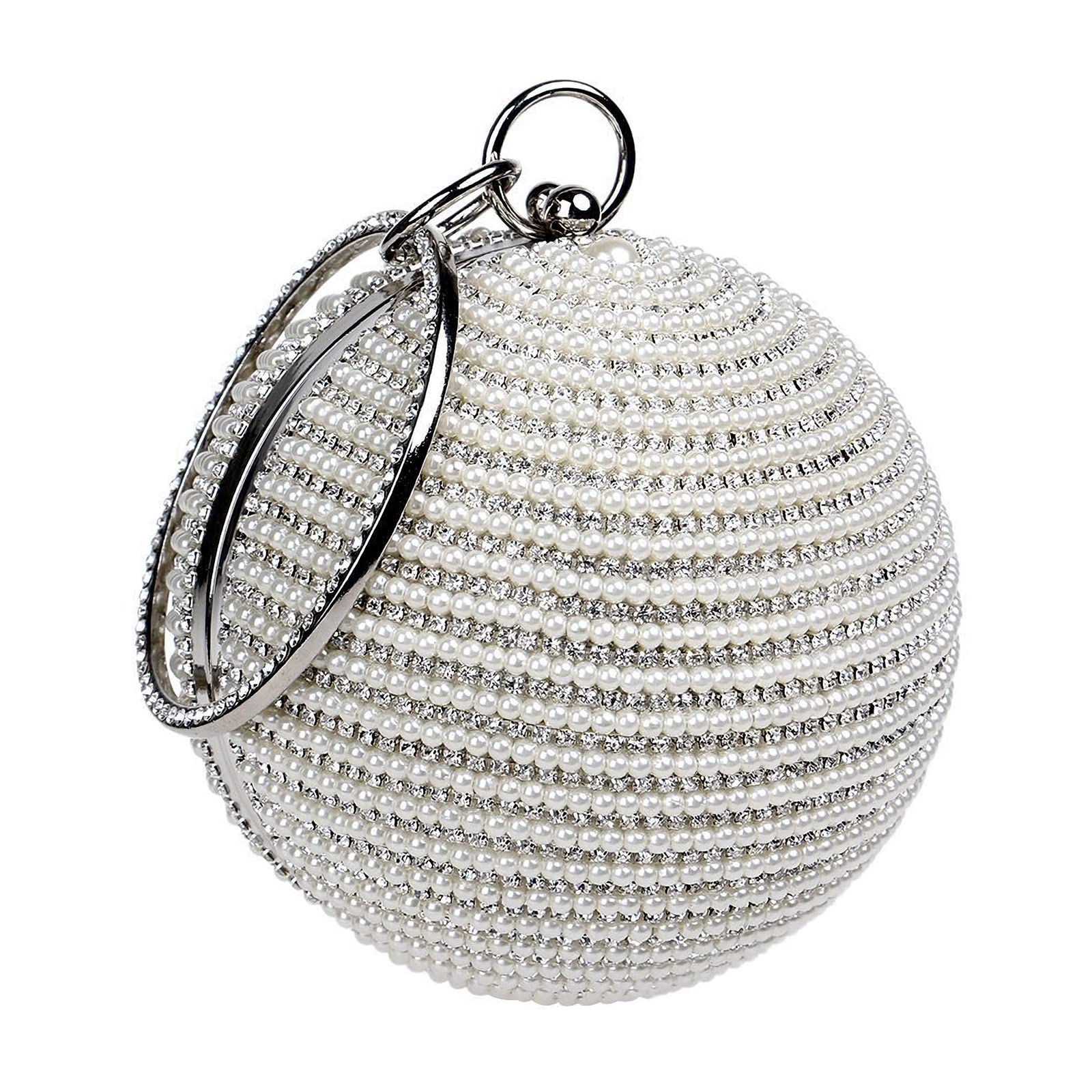 Bolso de Noche para Mujer Bola Redonda Diamantes de Imitación Clutch Perlas Cartera de Mano Embrague Bolso de Fiesta Bolsos Bandolera para Fiesta de Graduación Banquete Boda Plata