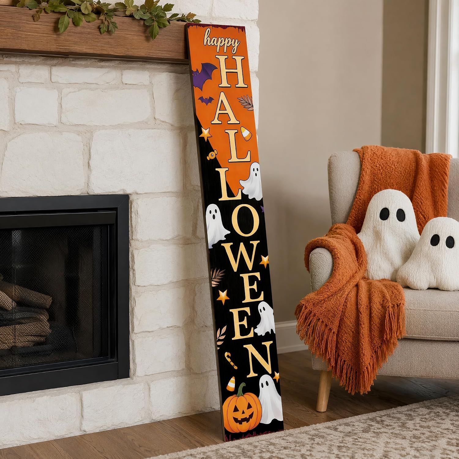Happy Halloween Vertical Wooden Porch Sign, Spooky Ghost Pumpkin Bat Candy Tall Welcome Hanging Sign, 47.2 Inch Long Halloween Front Door Decor Hang or Lean Against Wall for Indoor Outdoor Farmhouse