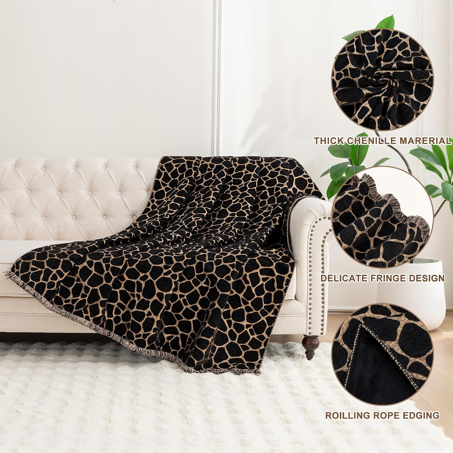 Jacquard Throw Blanket for Bed, 52”x72”, Black Gold Giraffe Print | Vintage Chenille Weighted Blanket with Fringe Trim, Animal Soft Velvet Lined Blankets for Couch, Sofa Chair