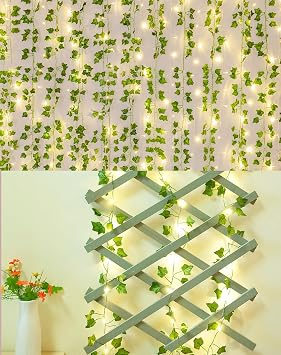 KASZOO 12 Pack Artificial Fake Vines with Lights and 2 Pack Fake Vines with LED Fairy Lights