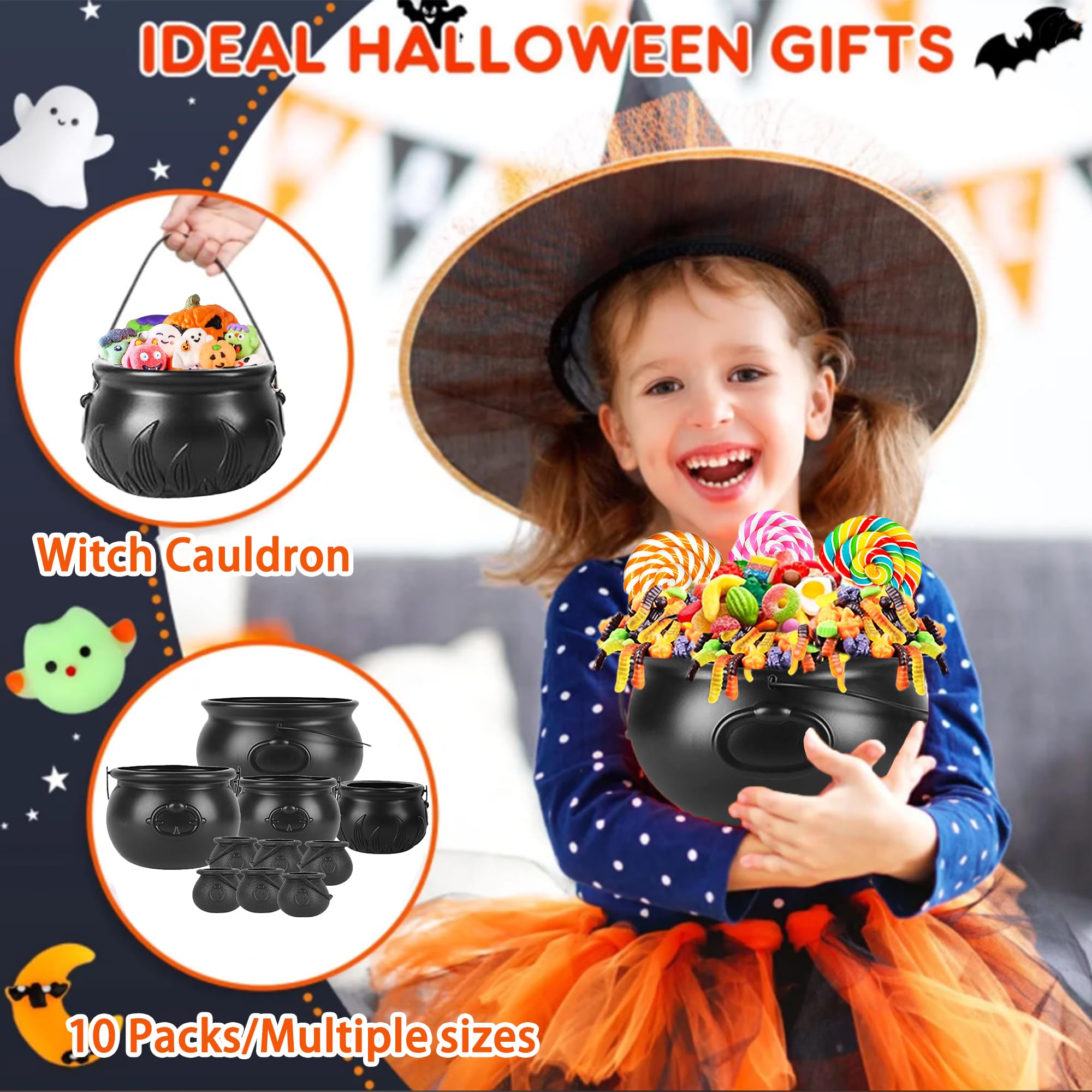 10-in-1 Hexenkessel-Set Aus Kunststoff – 4 Große + 6 Mini-Kessel (32,5-6,9 Cm), Schwarz, Für Halloween-Dekoration & Süßigkeiten