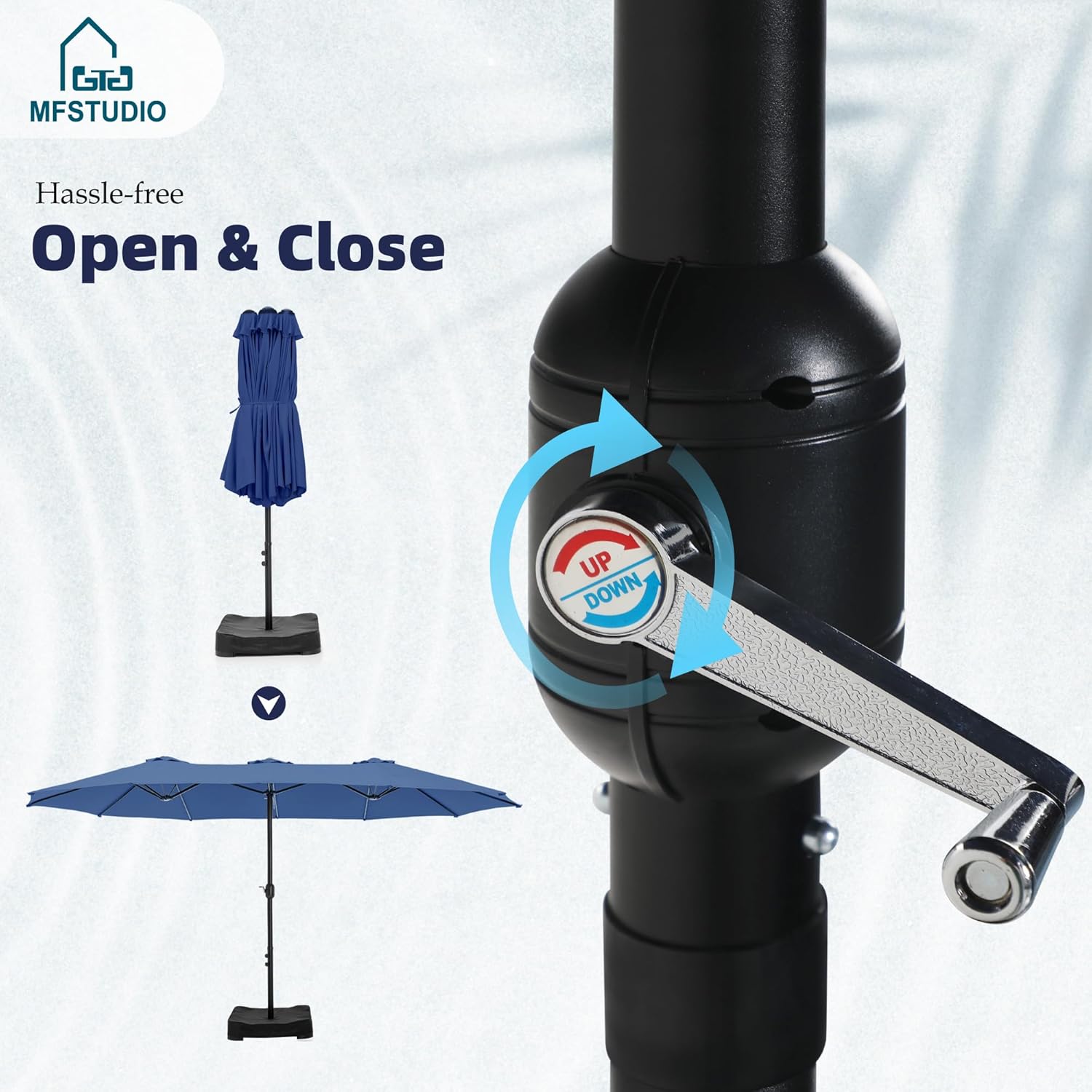 MFSTUDIO 15ft Double Sided Patio Umbrella with Base Included, Outdoor Large Rectangular Market Umbrellas with Crank Handle for Deck Pool Shade, Haze Blue