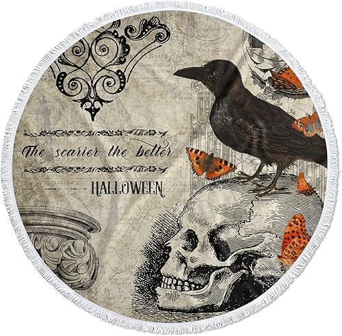 Miniatura 1 de Toalla de playa redonda de Halloween, diseño de calavera y cuervo de microfibra, manta de playa de microfibra suave absorbente de agua, tapiz de