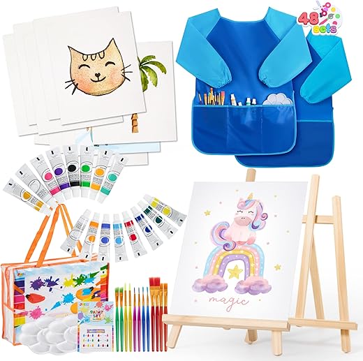 48 Pieces Art Painting Supplies for Toddlers Kids with 12 Paint Brushes, 10 Painting Canvas, 2 Tabletop Easels, 2 Art Smocks, 18 Acrylic Painting Colors, Paint Palettes, Color Guide, Travel Bag