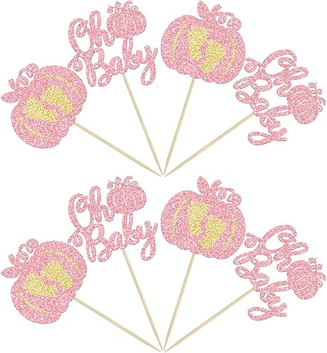 Miniatura 7 de 24 piezas de calabaza Oh Baby Cupcake Toppers con purpurina para pies de bebé, calabaza para cupcakes temáticos de otoño, baby shower, fiesta de