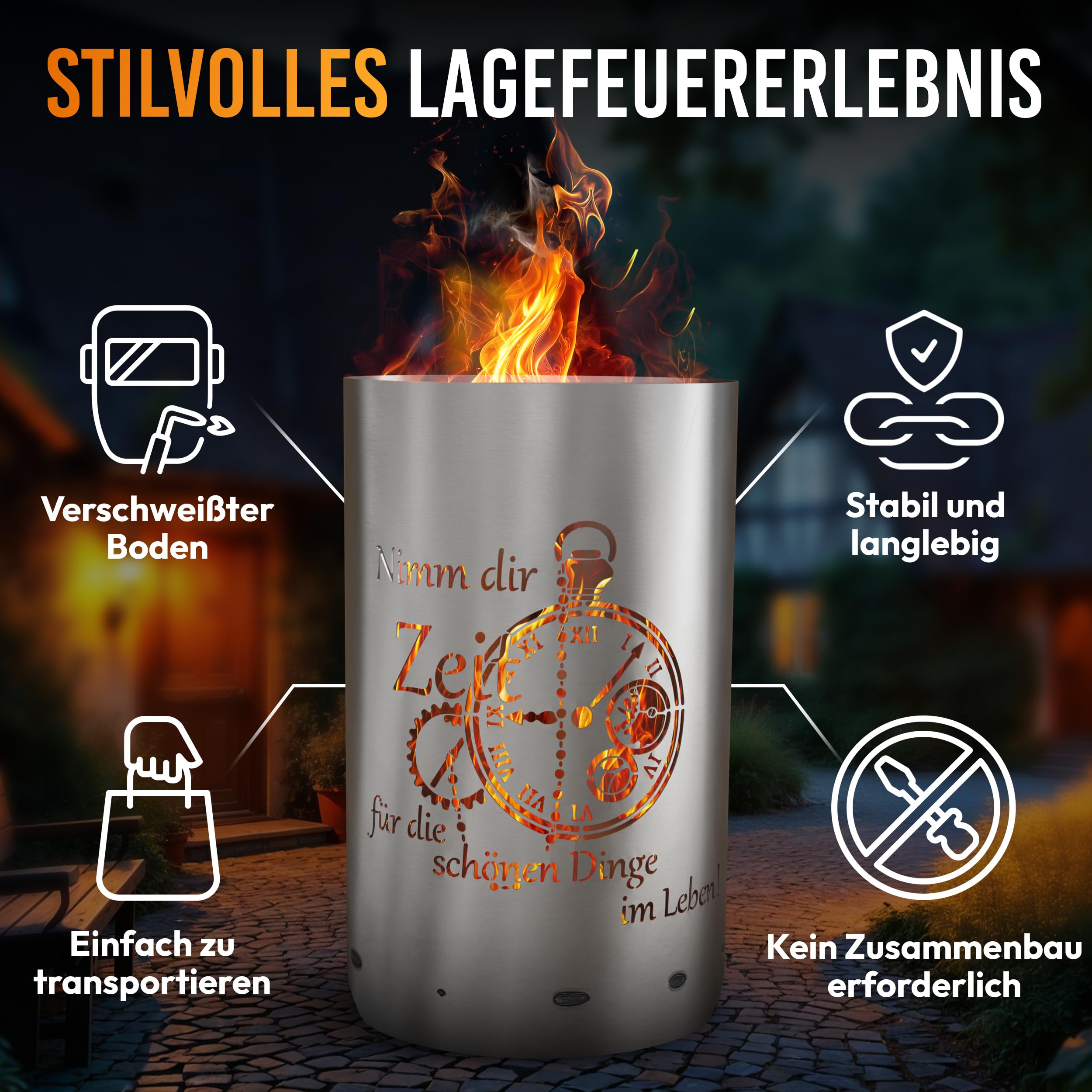 TiKo-Design® Feuertonne Feuerkorb mit Zeit Motiv – Nimm dir Zeit