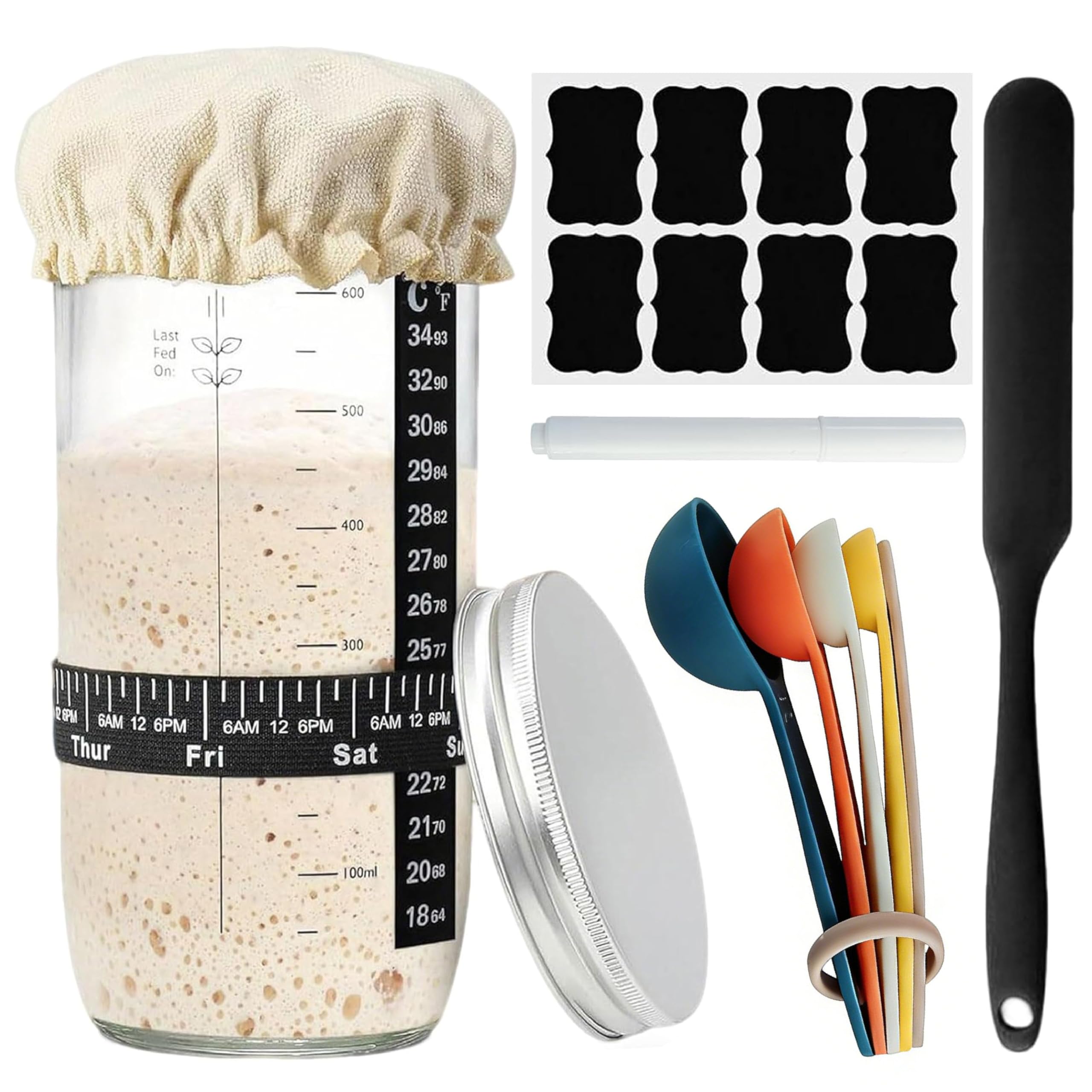 Juego de iniciación de masa madre 9 piezas con termómetro, cristal de fermentación 730 ml y espátula