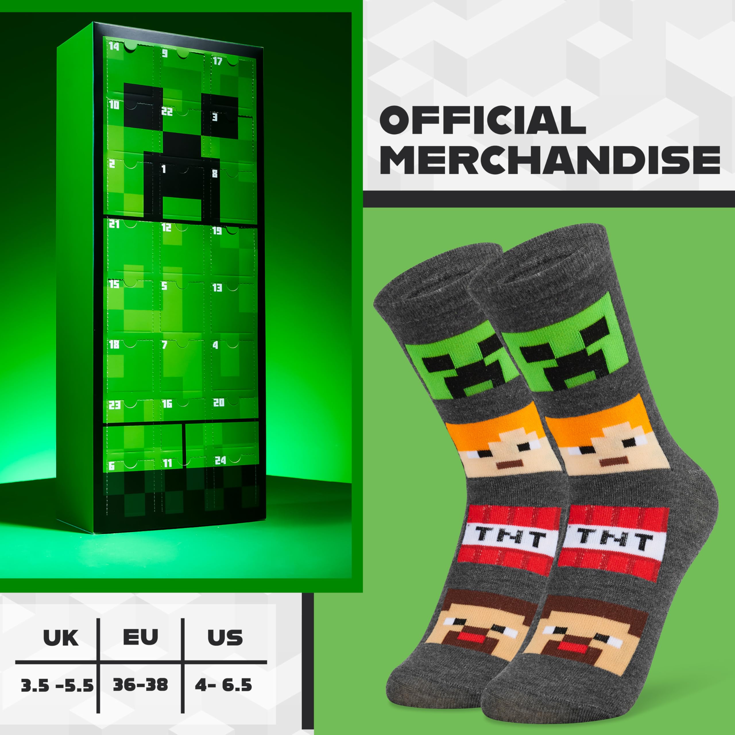 Minecraft Adventskalender 2025 Kinder Teenager Weihnachts Countdown Kalender Socken mit 24 Coole Socken Creeper Geschenke für Kinder