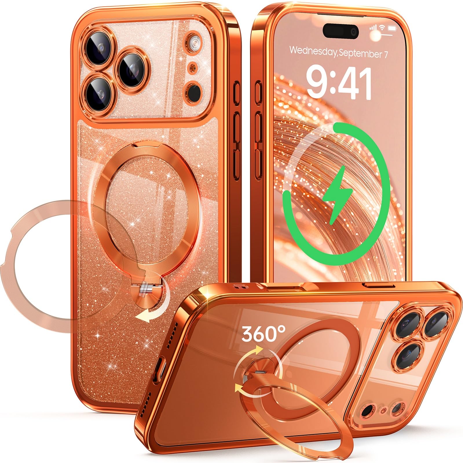 Photo 1 of Offical Cosmic Orange for iPhone 17 Pro Case with 360 Spin Stand [DIY Glitter Cardstock] [Fit for MagSafe] [16FT Military Protection] Polished for iPhone 17 Pro Case with Stand 6.3'', Cosmic Orange