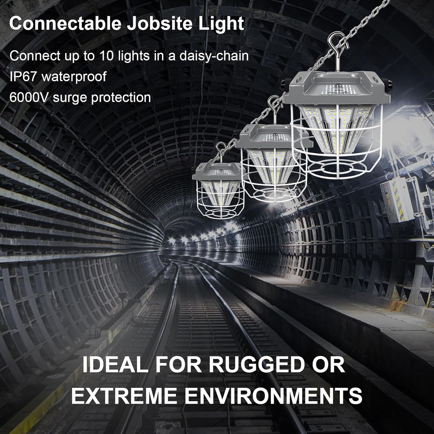 15,500lm Temporary Work Light, LED 100W Linkable Construction Lights with 10ft Cord, IP65 Dust Waterproof, Portable Lighting for Outdoor Job Sites, 5000K Daylight