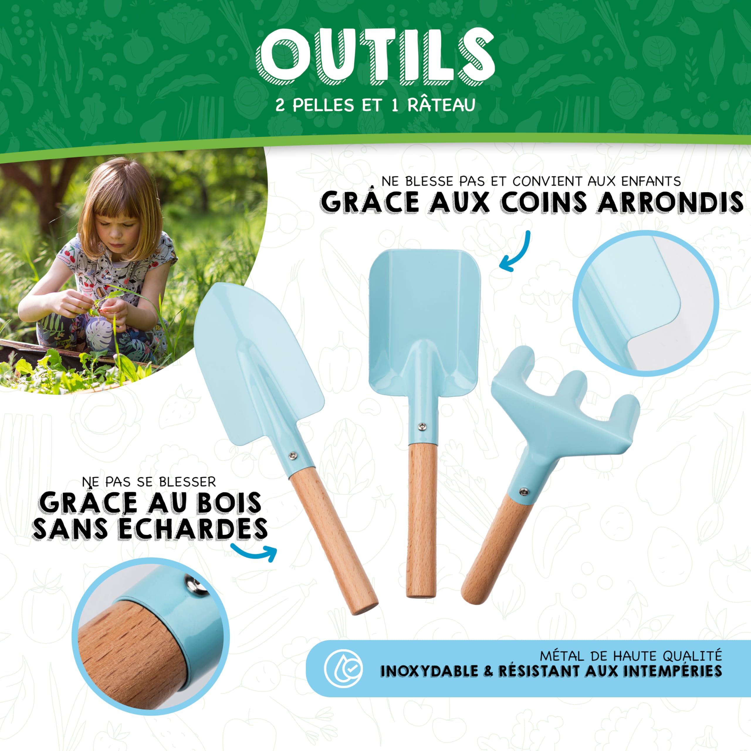 PHIBER-Sports Ensemble d'outils de Jardin pour Enfants (11 pièces) - Outils de Jardinage pour Enfants à partir de 3 Ans - Outils en métal, arrosoir, Gants de Jardinage, Sac