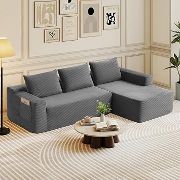 Rovibek 97" Couches for Living Room, Modular Sectional Sofa with Chaise | Corduroy Compressed Sofa with Deep Seat, L Shaped Couch No Assembly Required, Grey