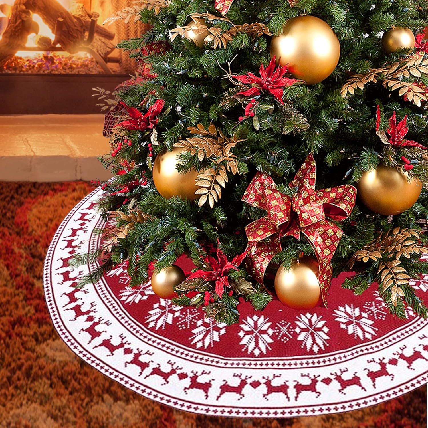 Red Christmas Tree Skirt Knitted Snowflak Elk Patterns Xmas Tree Skirt