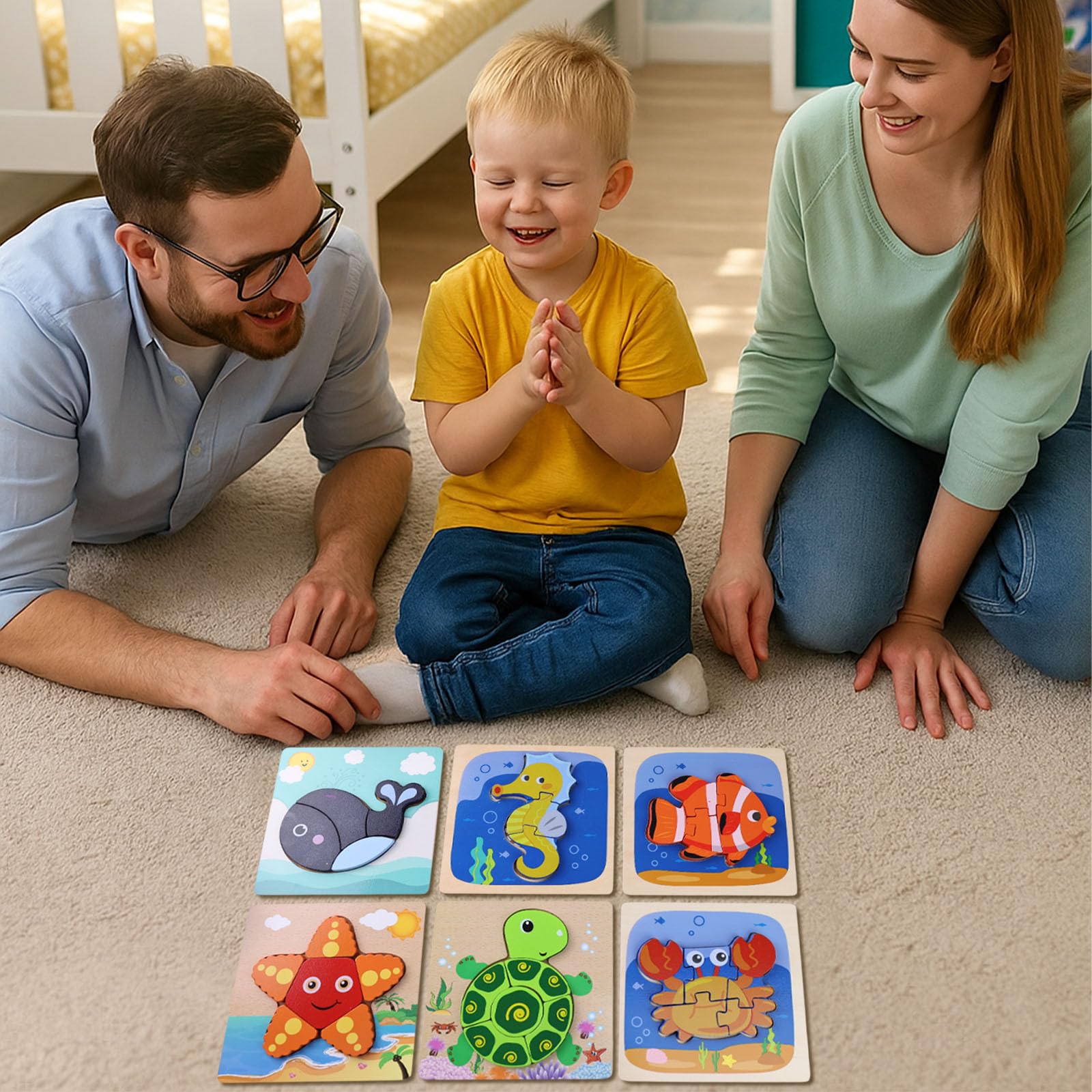 LovesTown Holzpuzzle für Kleinkinder, Meerestierpuzzle, Vorschule Lernspielzeug für Jungen und Mädchen, 6 Stück