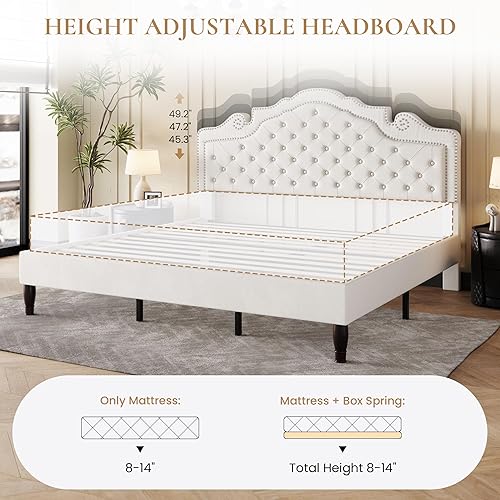 Miniatura 39 de SHA CERLIN Base de cama Queen con cabecera ajustable, tapizado de terciopelo, botón de diamante y tachuelas de metal, no necesita somier, soporte de