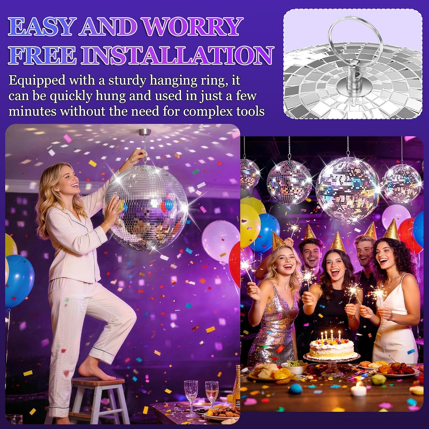 2 Pcs Large Mirror Disco Ball, Silver Glass Hanging Party Disco Ball, Assorted Hanging Ornaments for 70s 80s Party Events, Wedding, DJ Dance Club, Bar, Stage, Home Celebrations (Silver 16in+20in)
