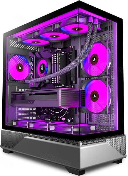ANSAITE PC Case Pre-Installed 6 × 120mm PWM ARGB Fan, ATX Mid Tower PC Gaming Case, Computer case with Panoramic View Tempered Glass Front & Side Panel, Type C Port, Black - 1