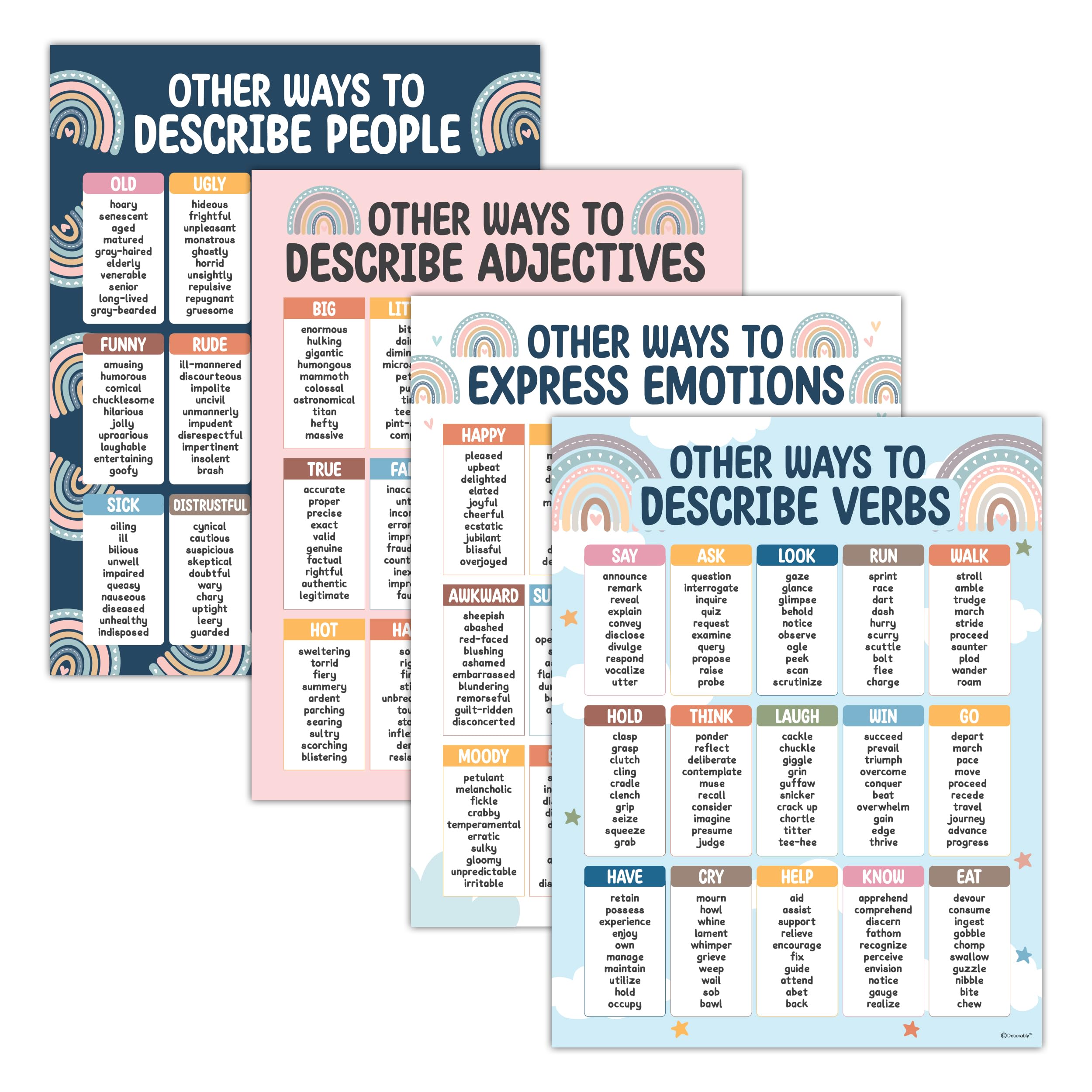 Decorably 4 Boho Rainbow Middle School ELA Posters, 17x22in Matte-Laminated Educational English Classroom Decor