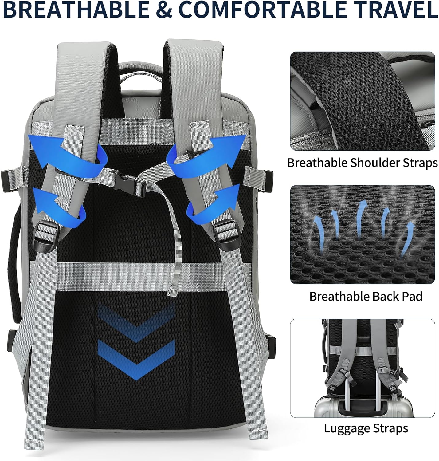 Travel Backpack for Men, 18 Inch Carry on Laptop Backpack with USB A/C Port, 40L Expandable TSA Flight Approved Bag Pack, Black, Gray