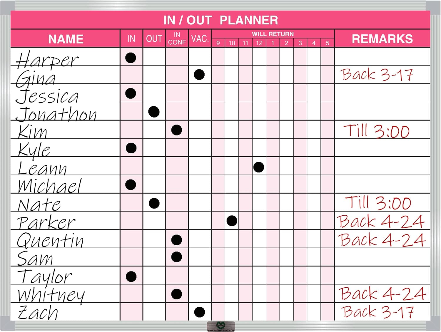 Magna Visual Magnetic Dry Erase in/Out Planner Kit (18" x 24" 15 Name, Pink)